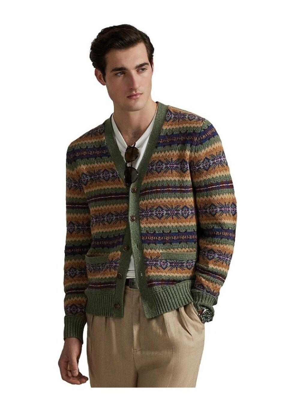 NWT Polo Ralph Lauren Fair Isle Cotton Blend Cardigan Green Combo Sz M